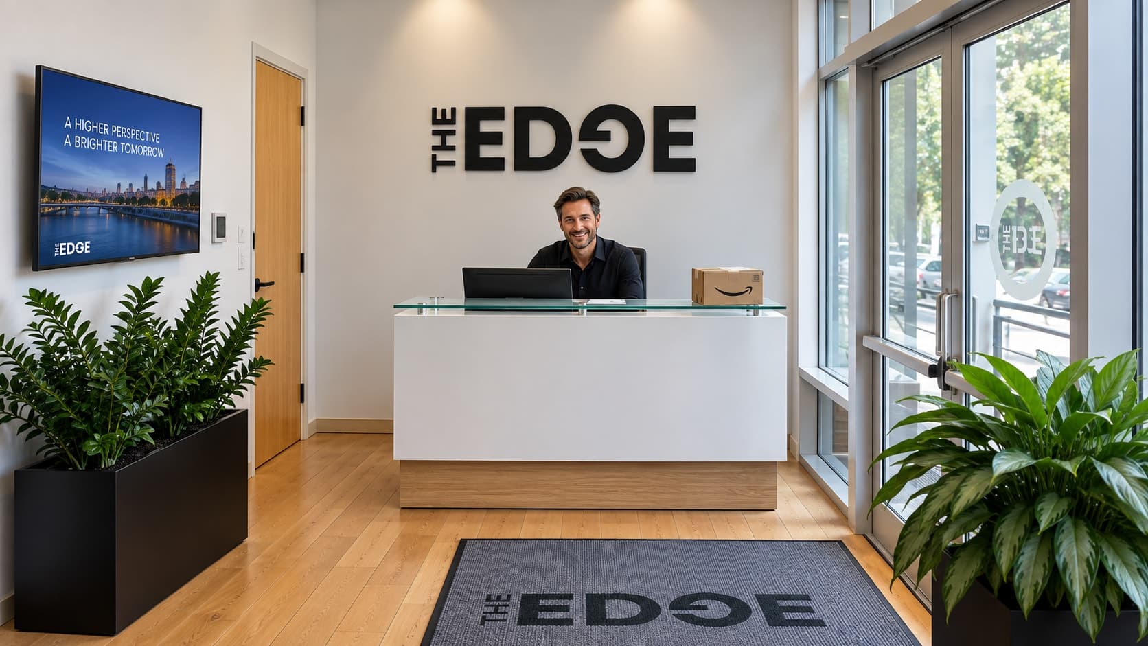 Concierge front desk in The Edge lobby, staffed for package and visitor handling