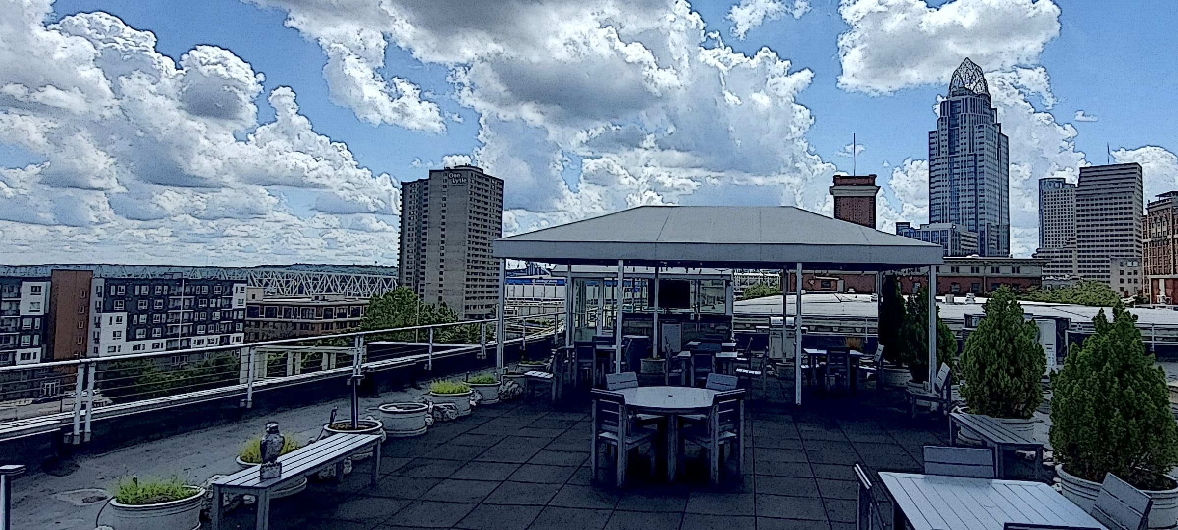 SkyLoft rooftop deck with downtown Cincinnati skyline views
